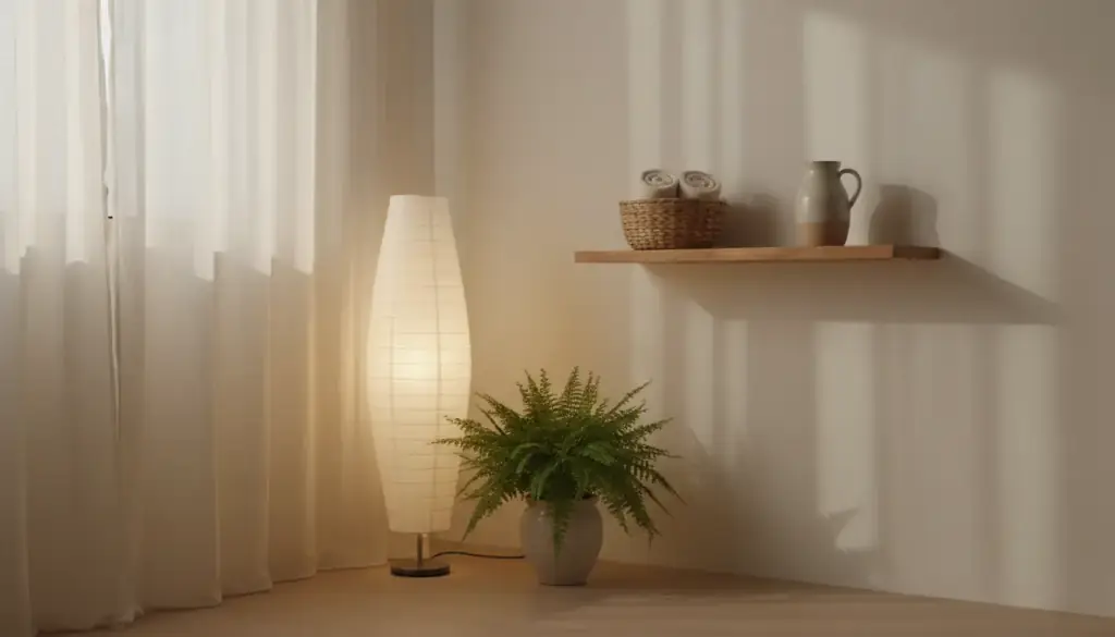 Paper floor lamp, fern and a sheer curtain in a softly lit room corner
