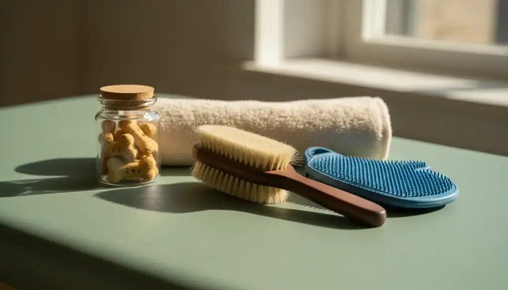 Bristle brush, rubber curry mitt, rolled towel and a jar of dog biscuits on a sage table