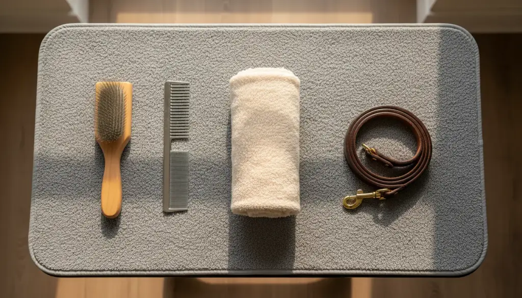 Slicker brush, steel comb, rolled towel and a leather leash laid out on one grooming table
